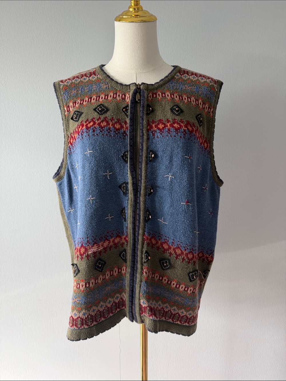 Koret City Blues Grandma Core Olive Fair Isle Zip Vest